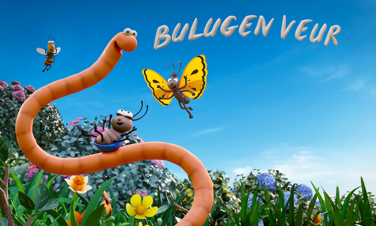 A cartoon image of a worm and a butterfly with Cornish language text